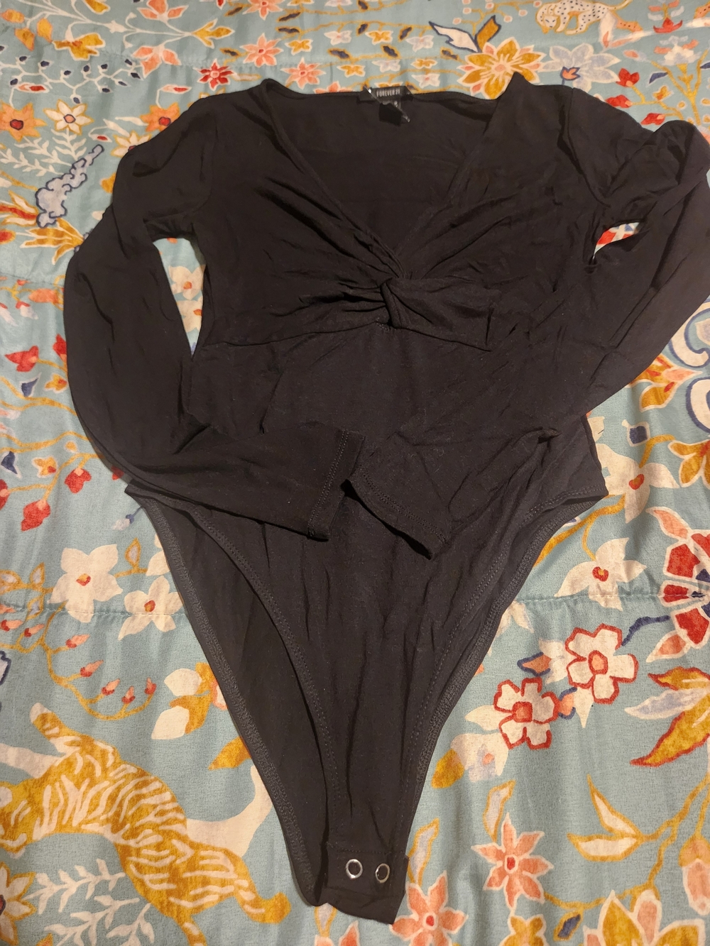 Black Long Sleeve Women Twist-Front One-Piece Bodysuit
